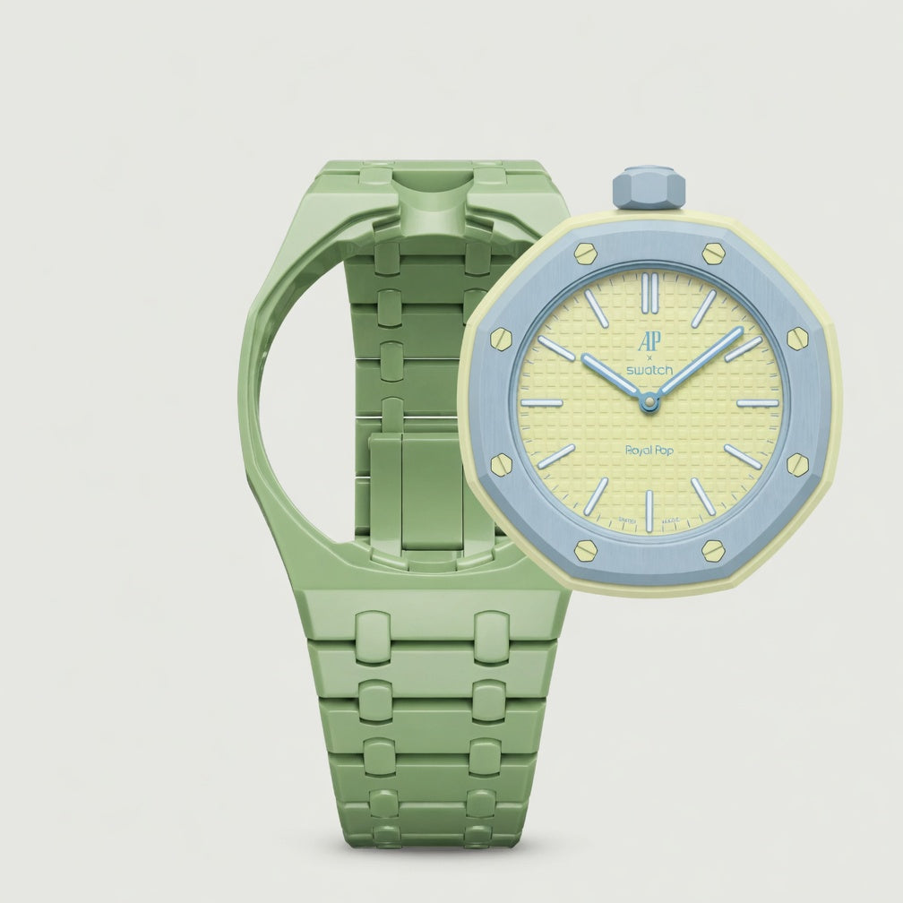 Blue ceramic Swatch watch band — Blaue Acht premium replacement strap — Bands For Pops — Royal Pops — Audemars Piguet style