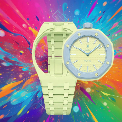 Lime green plastic Swatch watch band — Blaue Acht custom replacement strap — Bands For Pops — Royal Pops — Audemars Piguet style