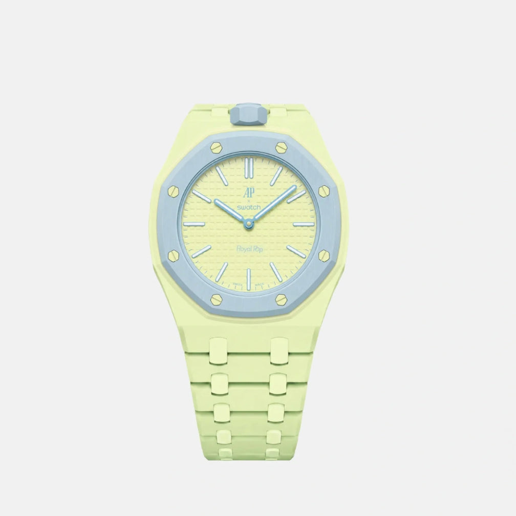 Lime green plastic Swatch watch band — Blaue Acht custom replacement strap — Bands For Pops — Royal Pops — Audemars Piguet style