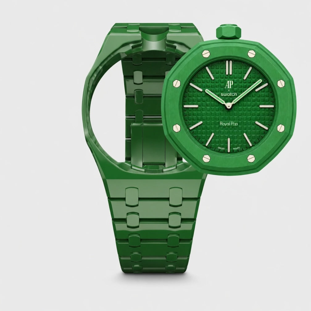 Green ceramic Swatch watch band — Green Eight premium replacement strap — Bands For Pops — Royal Pops — Audemars Piguet style
