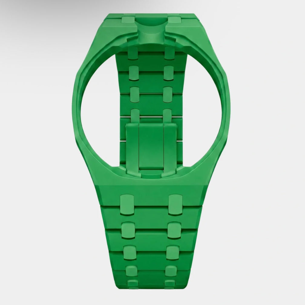 Green plastic Swatch watch band — Green Eight custom replacement strap — Bands For Pops — Royal Pops — Audemars Piguet style