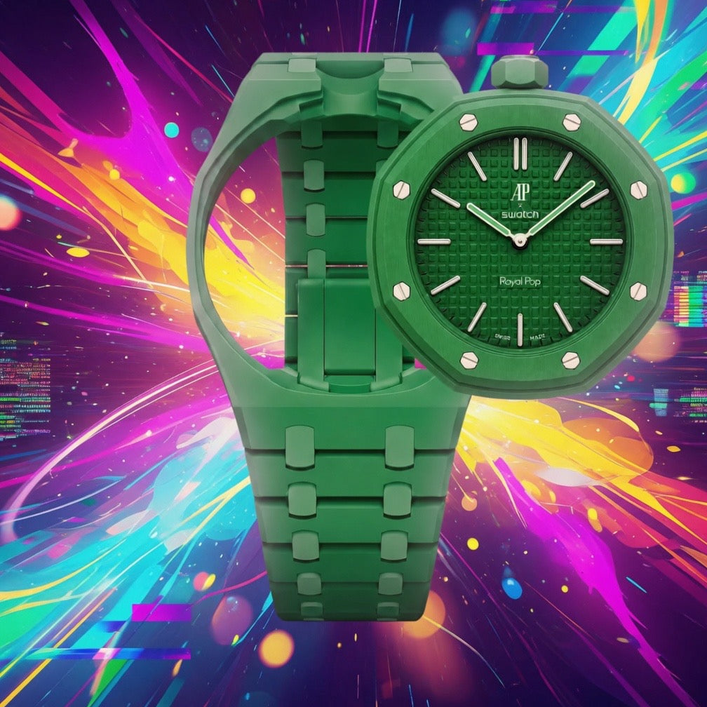 Green plastic Swatch watch band — Green Eight custom replacement strap — Bands For Pops — Royal Pops — Audemars Piguet style