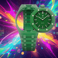 Green plastic Swatch watch band — Green Eight custom replacement strap — Bands For Pops — Royal Pops — Audemars Piguet style