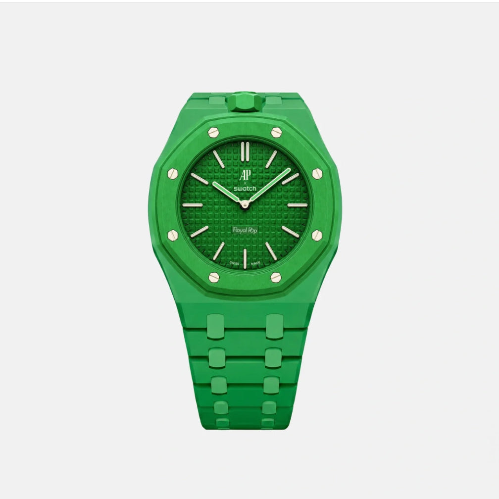 Green plastic Swatch watch band — Green Eight custom replacement strap — Bands For Pops — Royal Pops — Audemars Piguet style