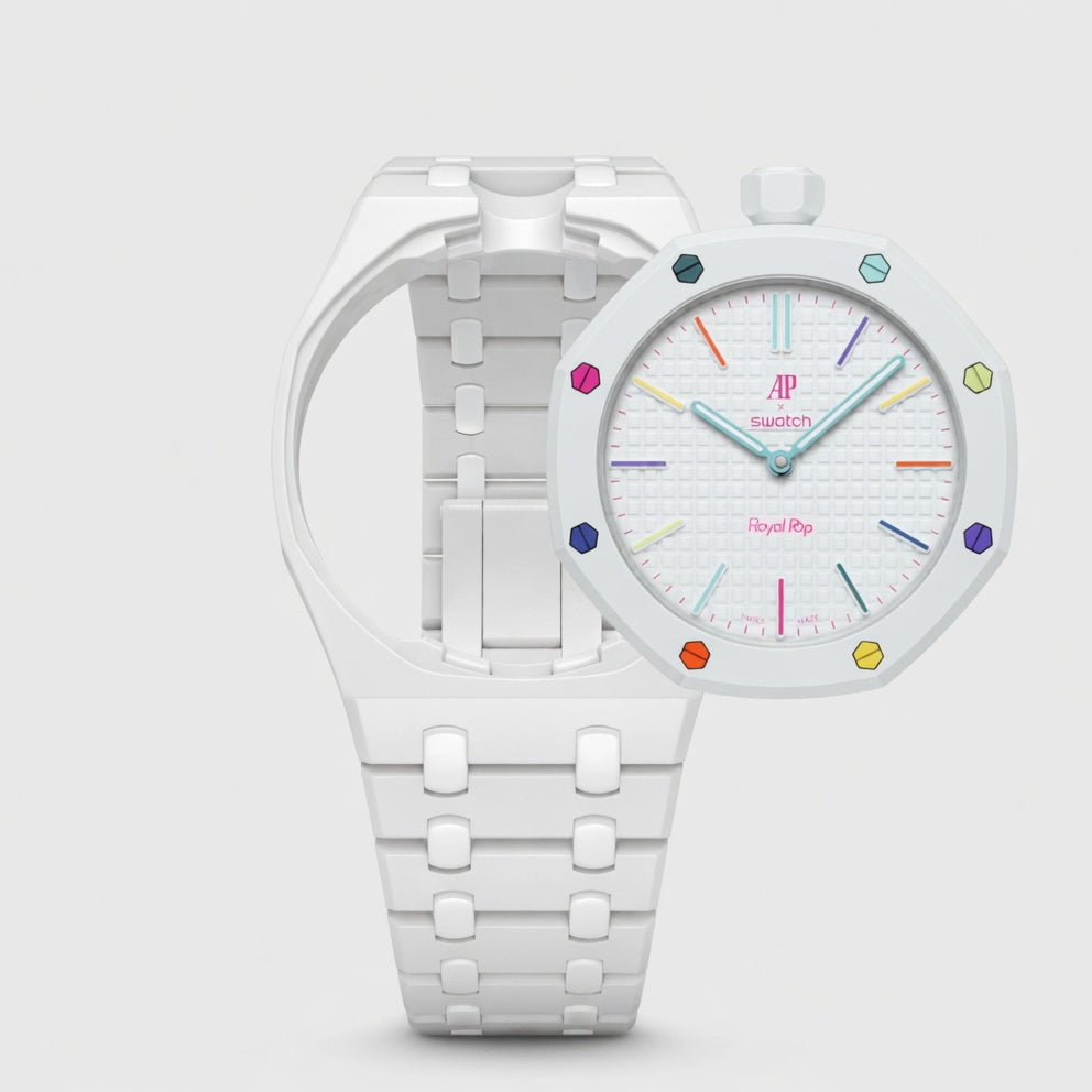 White ceramic Swatch watch band — Huit Blanc premium replacement strap — Bands For Pops — Royal Pops — Audemars Piguet style