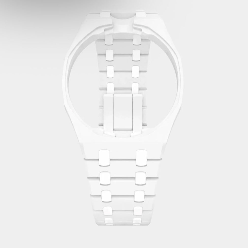 Bright White plastic Swatch watch band — Huit Blanc custom replacement strap — Bands For Pops — Royal Pops — Audemars Piguet style