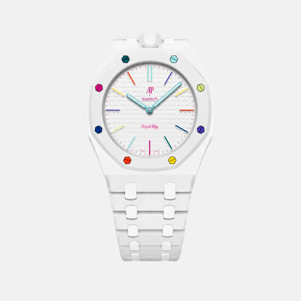 Bright White plastic Swatch watch band — Huit Blanc custom replacement strap — Bands For Pops — Royal Pops — Audemars Piguet style