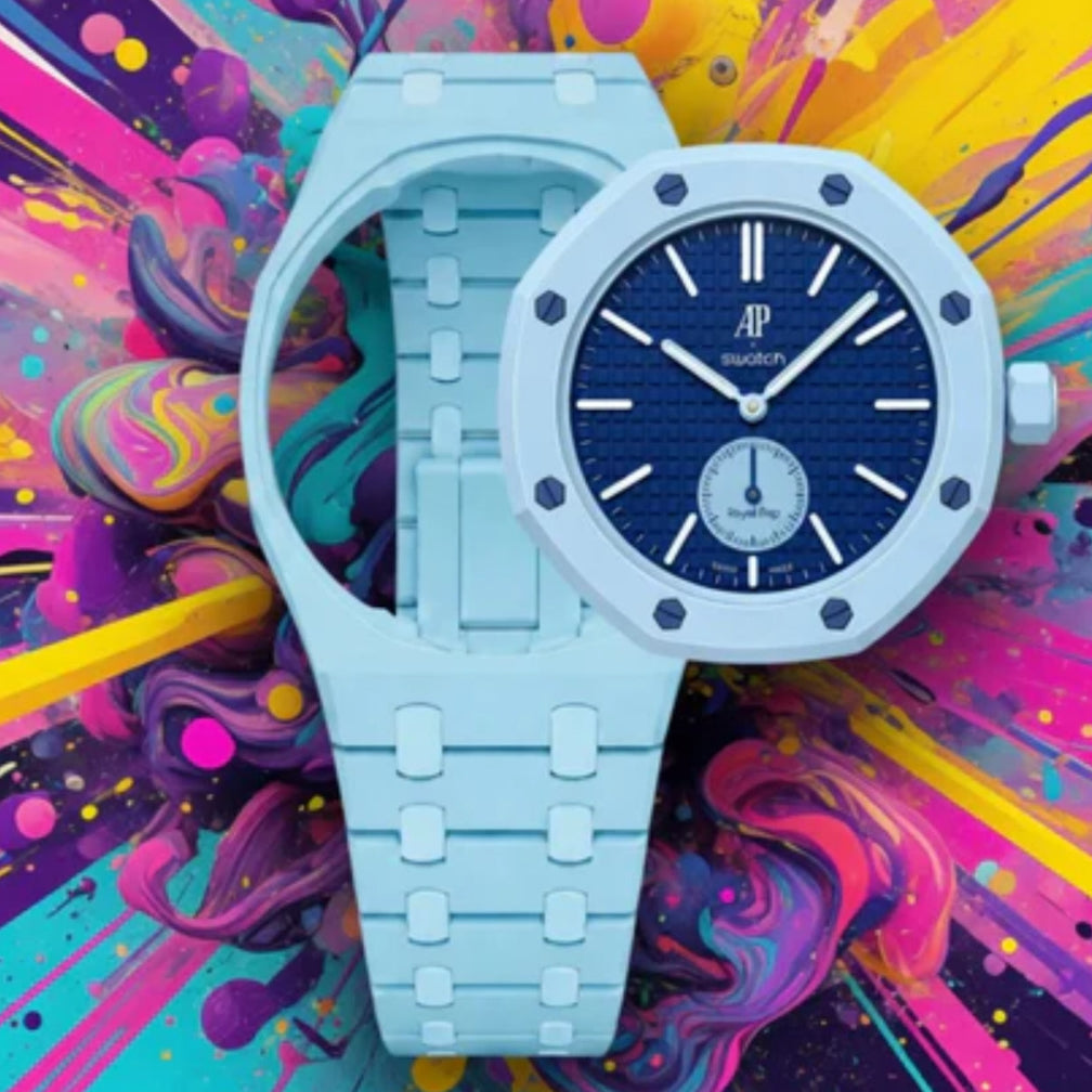 Sky Blue plastic Swatch watch band — Lan Ba custom replacement strap — Bands For Pops — Royal Pops — Audemars Piguet style