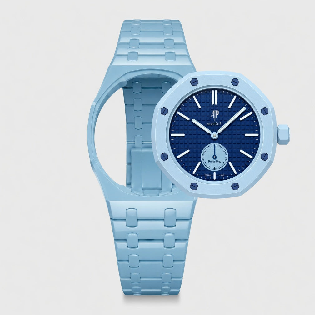Sky Blue ceramic Swatch watch band — Lan Ba premium replacement strap — Bands For Pops — Royal Pops — Audemars Piguet style
