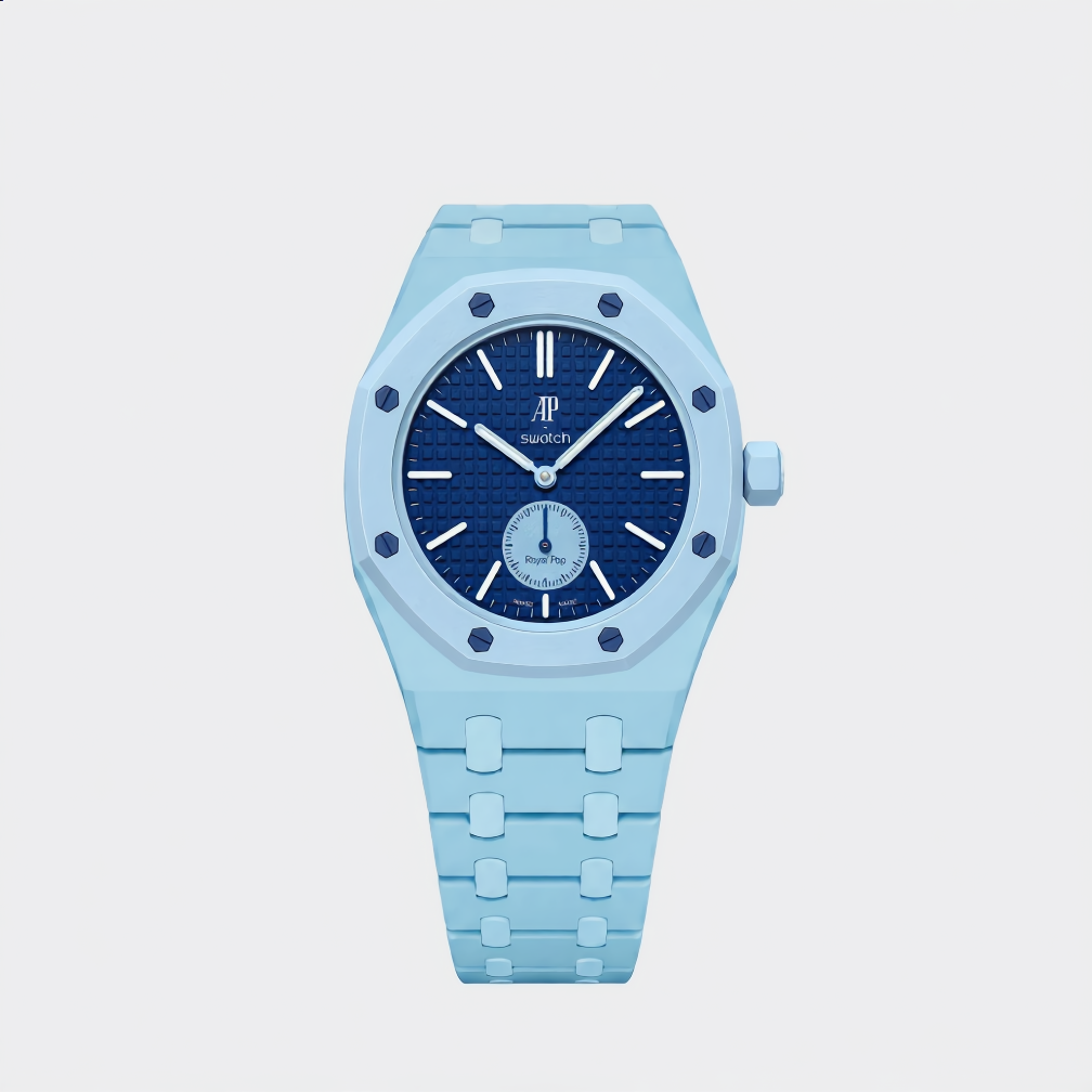Sky Blue plastic Swatch watch band — Lan Ba custom replacement strap — Bands For Pops — Royal Pops — Audemars Piguet style