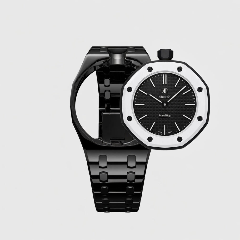 Black ceramic Swatch watch band — Ocho Negro premium replacement strap — Bands For Pops — Royal Pops — Audemars Piguet style