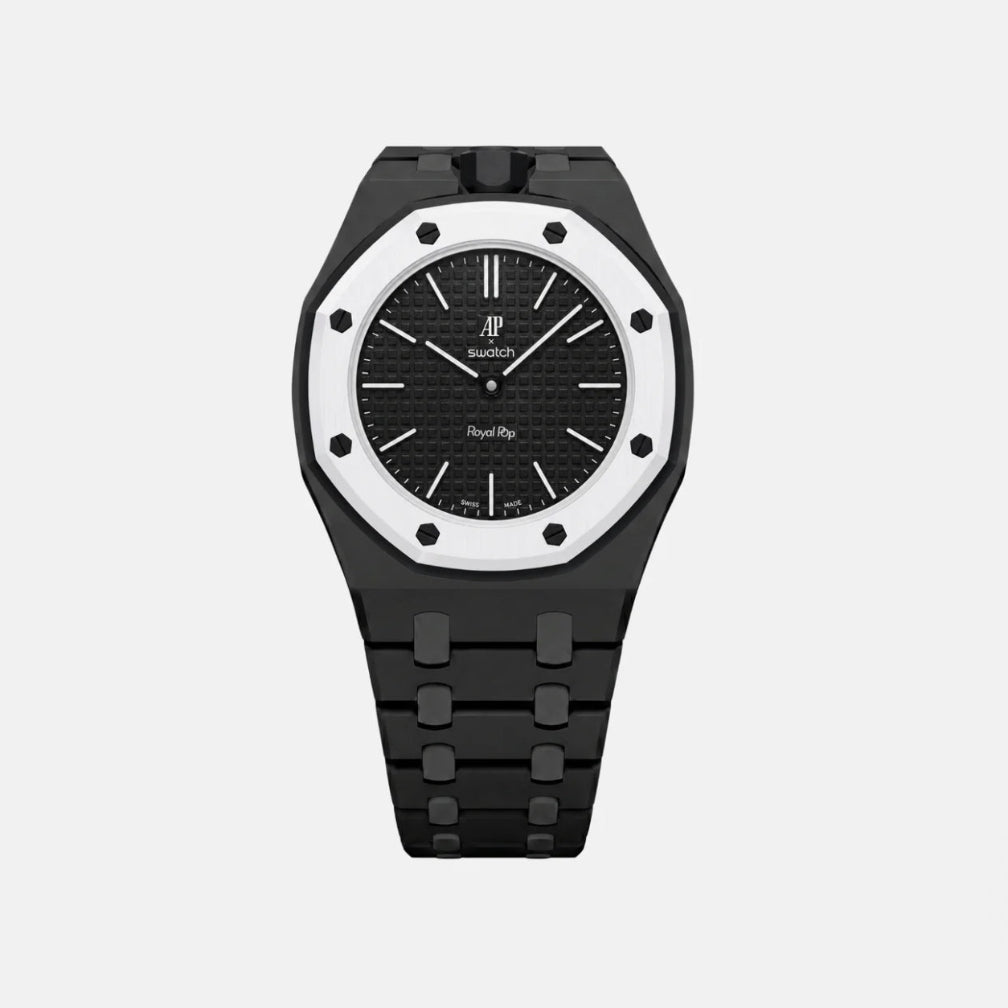 Black plastic Swatch watch band — Ocho Negro custom replacement strap — Bands For Pops — Royal Pops — Audemars Piguet style
