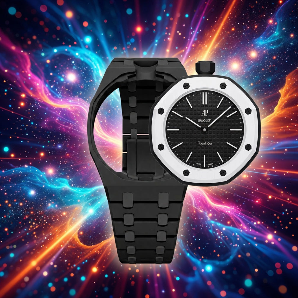 Black plastic Swatch watch band — Ocho Negro custom replacement strap — Bands For Pops — Royal Pops — Audemars Piguet style