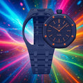 Dark blue plastic Swatch watch band — Orenji Hachi custom replacement strap — Bands For Pops — Royal Pops — Audemars Piguet style