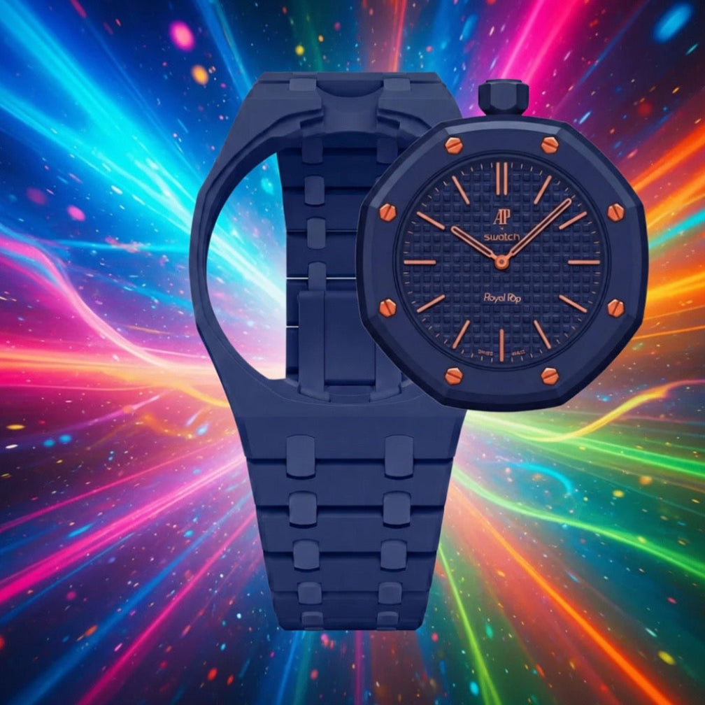 Dark blue plastic Swatch watch band — Orenji Hachi custom replacement strap — Bands For Pops — Royal Pops — Audemars Piguet style