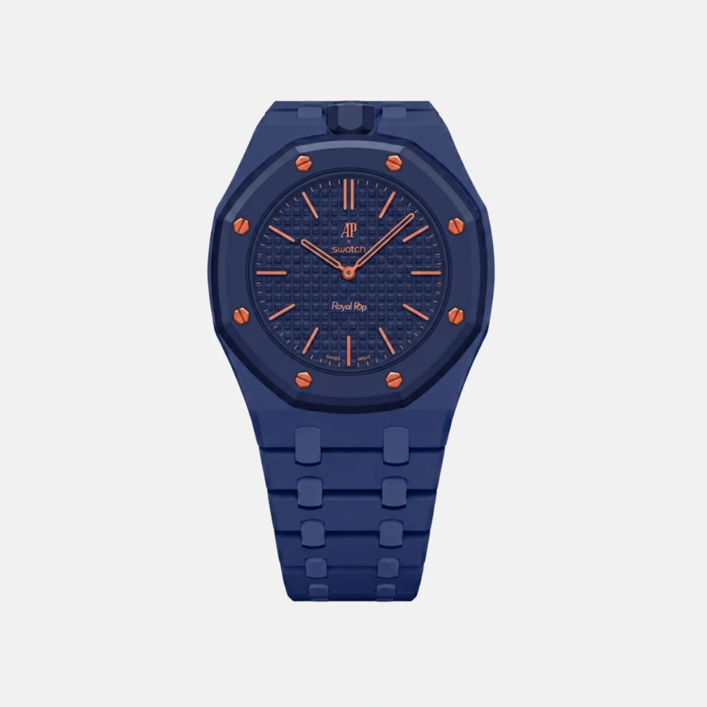 Dark blue plastic Swatch watch band — Orenji Hachi custom replacement strap — Bands For Pops — Royal Pops — Audemars Piguet style