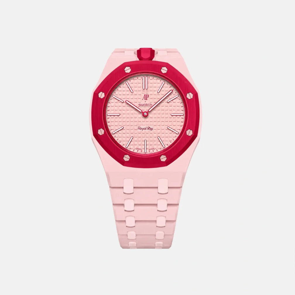 Red plastic Swatch watch band — Otto Rosso custom replacement strap — Bands For Pops — Royal Pops — Audemars Piguet style