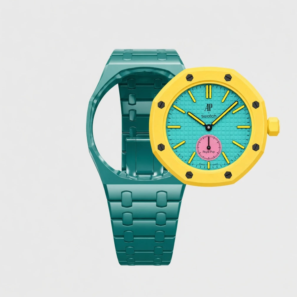 Lime green ceramic Swatch watch band — Otz Roz premium replacement strap — Bands For Pops — Royal Pops — Audemars Piguet style