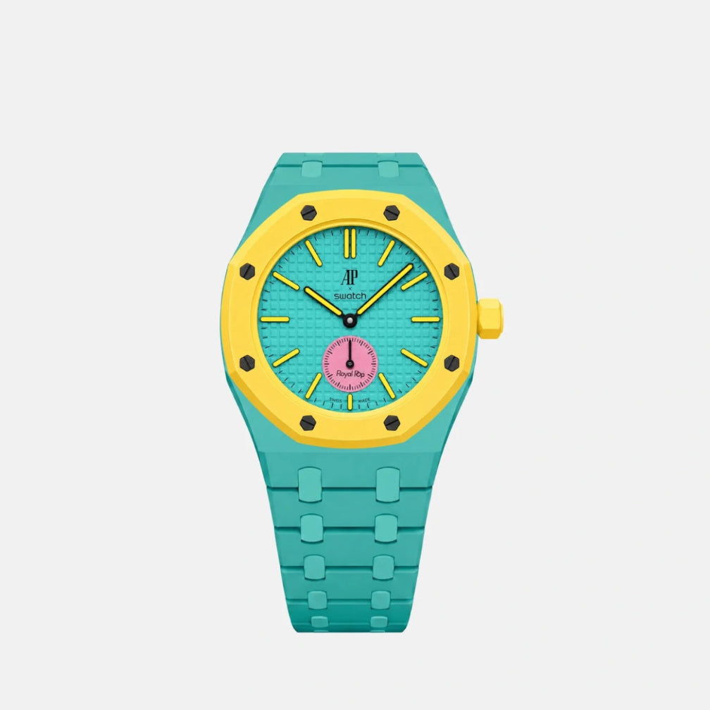 Mint green plastic Swatch watch band — Otz Roz custom replacement strap — Bands For Pops — Royal Pops — Audemars Piguet style